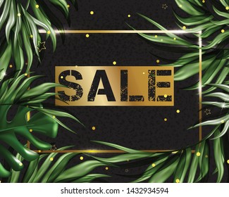 Summer tropical background with exotic leaves. Template for promotionals, sales, wedding invitations, events, holidays. Vector.