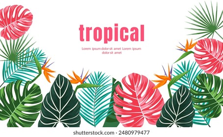 Summer tropical background with exotic leaves and flowers design template. Vector floral background. , suitable for posters, banners, flyers, invitations.