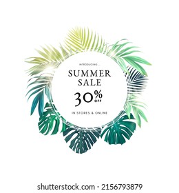 Summer tropical background with exotic monstera palm leaves and hibiscus flowers. Vector floral background.
