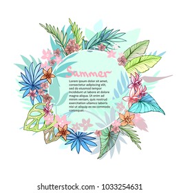 Summer tropical background with exotic palm leaves and plants. Vector floral background