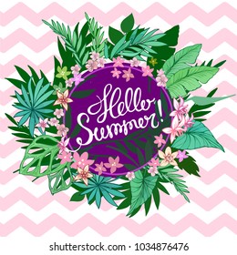 Summer tropical background with exotic palm leaves and plants. Vector floral background