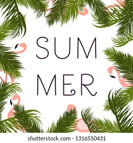 Summer tropical background with exotic palm leaves and flamingo. Summer. Vector illustration.