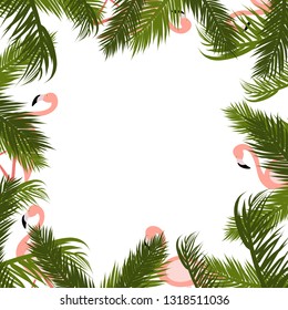 Summer tropical background with exotic palm leaves and flamingo. Summer. Vector illustration.