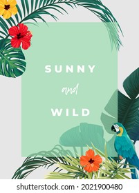 Summer tropical background with exotic palm leaves and hibiscus flowers. Vector floral background.