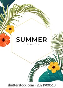Summer tropical background with exotic palm leaves and hibiscus flowers. Vector floral background.