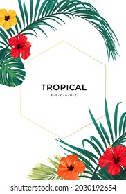 Summer tropical background with exotic palm leaves and hibiscus flowers. Vector floral background.