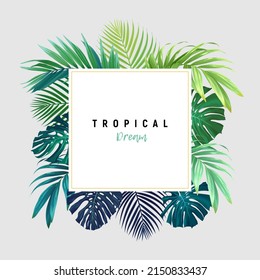 Summer tropical background with exotic palm leaves and hibiscus flowers. Vector floral background.