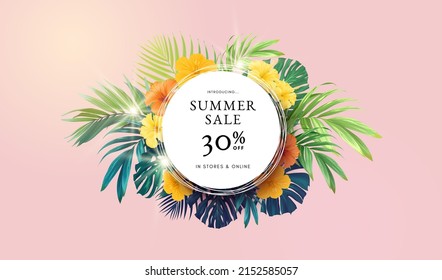 Summer tropical background with exotic palm leaves and hibiscus flowers. Vector floral background.