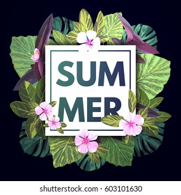 Summer tropical background with exotic palm leaves and pink flowers. Jungle vector floral template.