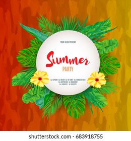 Summer tropical background with exotic palm leaves and plants. Vector floral background.