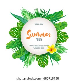 Summer tropical background with exotic palm leaves and plants. Vector floral background.