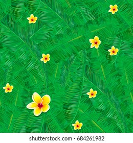 Summer tropical background with exotic palm leaves and plants. Vector floral background.