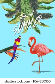 Summer tropical background. Flamingo bird with palm and banana leaves, monstera and datura flowers