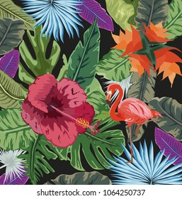 Summer tropical background. Flamingo bird with palm and banana leaves, monstera and datura flowers