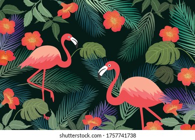 Summer tropical background with flamingo and exotic leaves. Vecter Illustration.