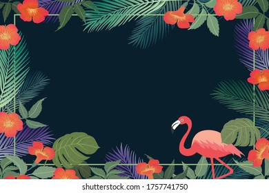 Summer tropical background with flamingo and exotic leaves. Vecter Illustration.