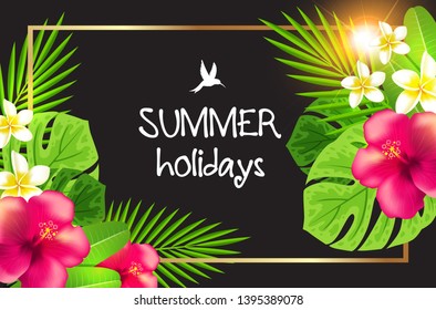 Summer tropical background with flowers and palm leaves in golden frame. Vector illustration