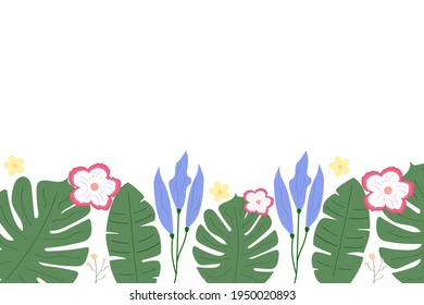 Summer tropical background. Flowers, palm leaves, grew. white background with leaves. vector graphics