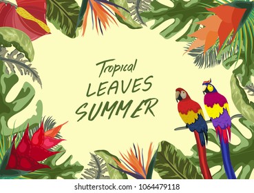 Summer tropical background with flowers. Background with tropical plants - parrot and plants nature
