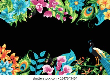 Summer tropical background frame banner with peacock, palm leaves and hibiscus flowers. Vector floral background.