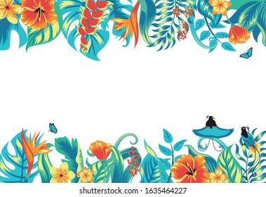 Summer tropical background frame with exotic paradise birds, palm leaves and hibiscus flowers. Vector floral background.