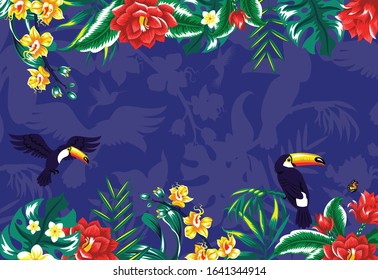 Summer tropical background frame with palm leaves and toucan. Vector floral background.