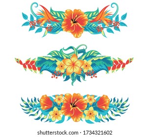 Summer tropical background frame with palm leaves and hibiscus flowers. Isolated on white. Vector floral background.