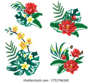 Sommertropischer Hintergrund mit Palmenblättern und Orchideenblumen. Einzeln auf Weiß. Vektorfloraler Hintergrund.