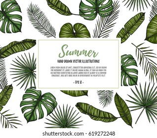 Summer tropical background. Frame with Palm leaves (monstera, areca, fan, banana). Hand drawn vector illustration. Perfect for prints, posters, invitations, textile, packing