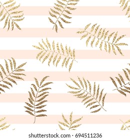 Summer tropical background with gold tropical leaves on peach stripes seamless pattern.  