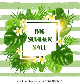 Summer tropical background with green palm leaves, flowers for seasonal sale. Vector illustration.