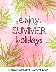 Summer tropical background with green palm leaves and pink watercolor texture. Vector illustration