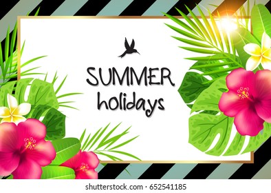 Summer tropical background with green palm leaves and red flowers. Summer holiday lettering. Retro striped background.