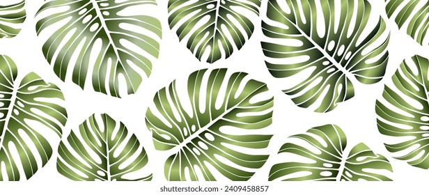 Summer tropical background with green realistic monstera leaves. Light vector background, wallpaper, cover, postcard, poster