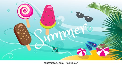 Summer tropical background with ice cream, ice cream lolly, popsicle, sea beach, boats, palm leaf frame. Hawaii Sea beach top view landscape. Hula of Hawaii Beach party, invitation, poster, web Vector