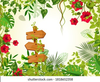 Summer tropical background with jungle plants. Liana branches frames, rainforest tropical leaves flowers. Retro wooden sign boardswooden arrow with chains ropes cartoon vector