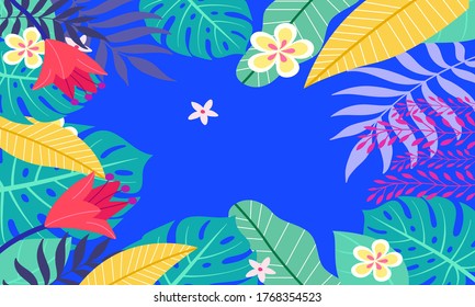 Fondo tropical de verano con hojas y flores,Resumen de moda y moderno y vibrante fondo de pared de primavera para tarjetas, web, libros, medios sociales, anuncios y revistas.Ilustración vectorial.