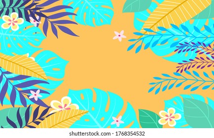 Summer tropical background with leaf and flowers,Trendy Abstract and modern vivid and vibrant spring wallpaper for cards,web,book,social media,ads and Magazine.Vector Illustration.