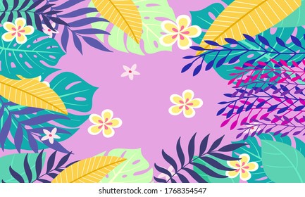 Summer tropical background with leaf and flowers,Trendy Abstract and modern vivid and vibrant spring wallpaper for cards,web,book,social media,ads and Magazine.Vector Illustration.