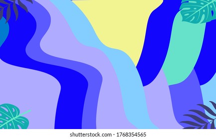Tropischer Sommerhintergrund mit Blättern und Blumen, trendige abstrakte und moderne, lebendige Frühlingswallpaper für Karten, Web, Buch, Social Media, Anzeigen und Magazine.Vektorgrafik.