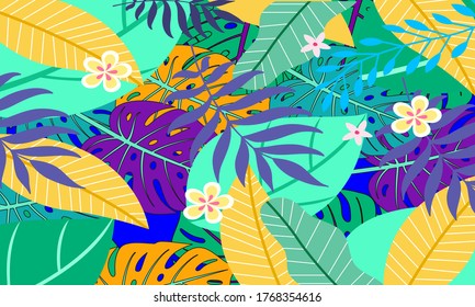 Summer tropical background with leaf and flowers,Trendy Abstract and modern vivid and vibrant spring wallpaper for cards,web,book,social media,ads and Magazine.Vector Illustration.