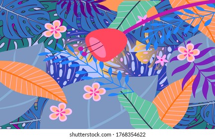 Fondo tropical de verano con hojas y flores,Resumen de moda y moderno y vibrante fondo de pared de primavera para tarjetas, web, libros, medios sociales, anuncios y revistas.Ilustración vectorial.