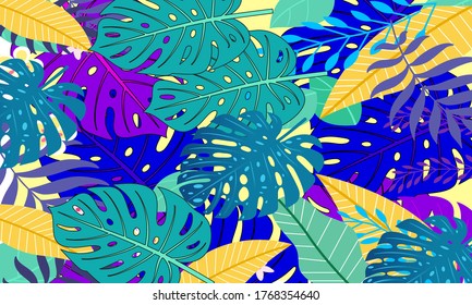 Fondo tropical de verano con hojas y flores,Resumen de moda y moderno y vibrante fondo de pared de primavera para tarjetas, web, libros, medios sociales, anuncios y revistas.Ilustración vectorial.