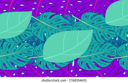 Tropischer Sommerhintergrund mit Blättern und Blumen, trendige abstrakte und moderne, lebendige Frühlingswallpaper für Karten, Web, Buch, Social Media, Anzeigen und Magazine.Vektorgrafik.