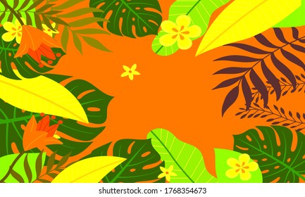Fondo tropical de verano con hojas y flores,Resumen de moda y moderno y vibrante fondo de pared de primavera para tarjetas, web, libros, medios sociales, anuncios y revistas.Ilustración vectorial.