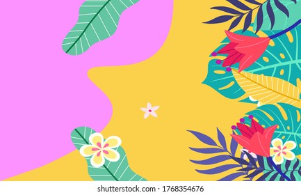 Fondo tropical de verano con hojas y flores,Resumen de moda y moderno y vibrante fondo de pared de primavera para tarjetas, web, libros, medios sociales, anuncios y revistas.Ilustración vectorial.