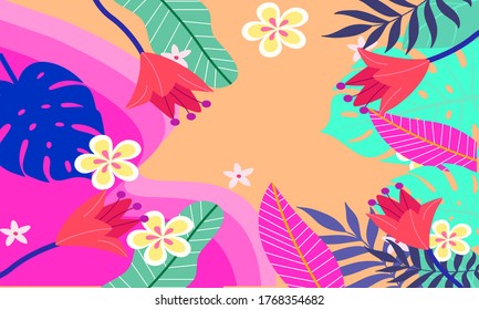 Summer tropical background with leaf and flowers,Trendy Abstract and modern vivid and vibrant spring wallpaper for cards,web,book,social media,ads and Magazine.Vector Illustration.