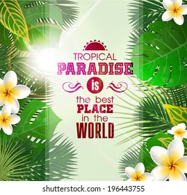 Summer Tropical Background with Leaves and flowers of Exotic Plants. 