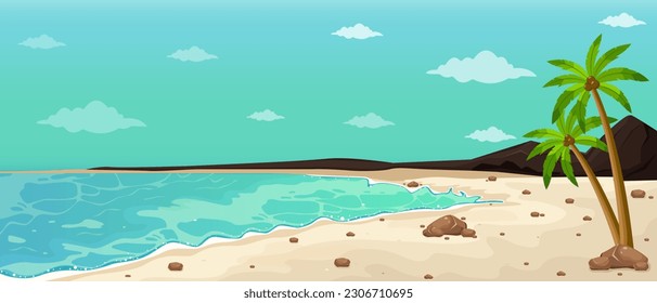 Summer tropical background with ocean, beach and palm tree. Summer banner template. Vector illustration.