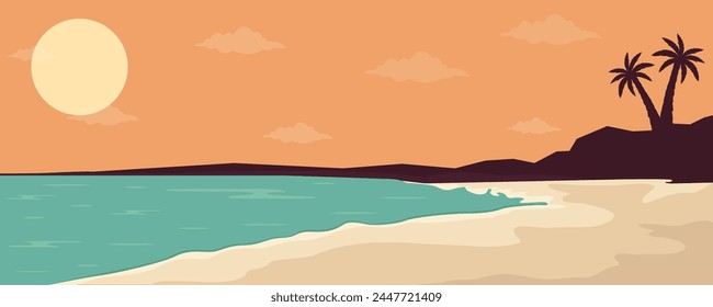 Summer tropical background with ocean, beach, and palm trees. Vector illustration